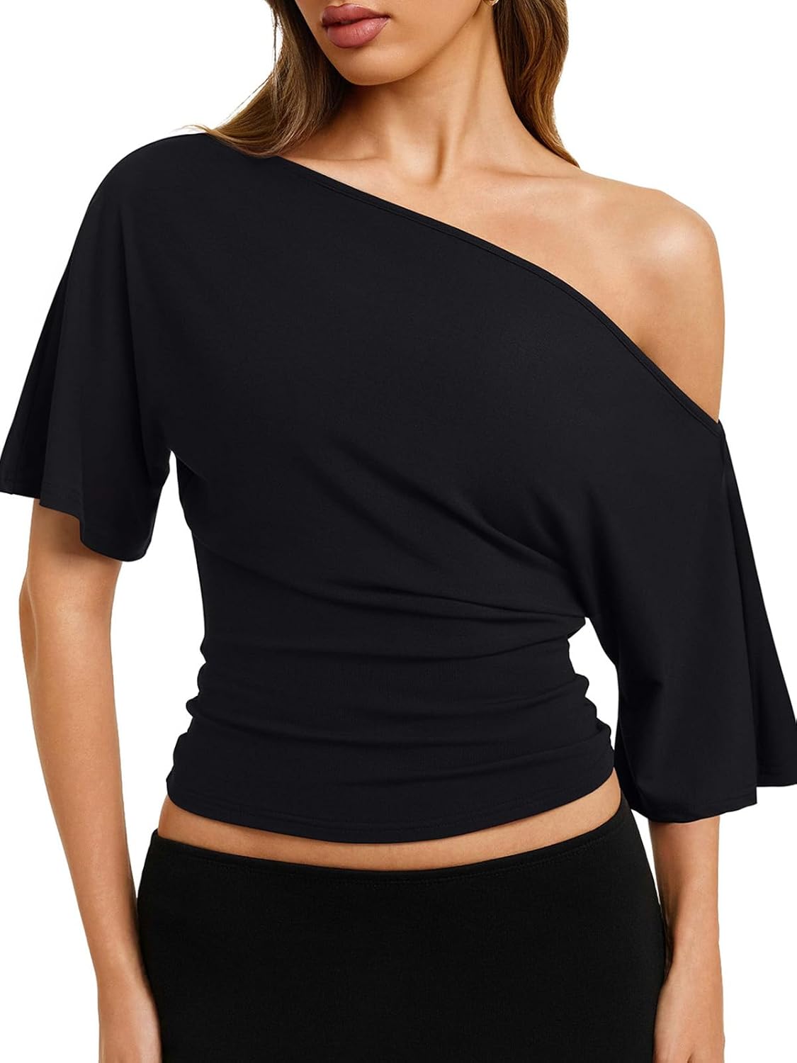 REORIA Womens Off The Shoulder Tops Cinched Waist Short Sleeve Tee Shirts Casual Loose Summer Outfits 2026