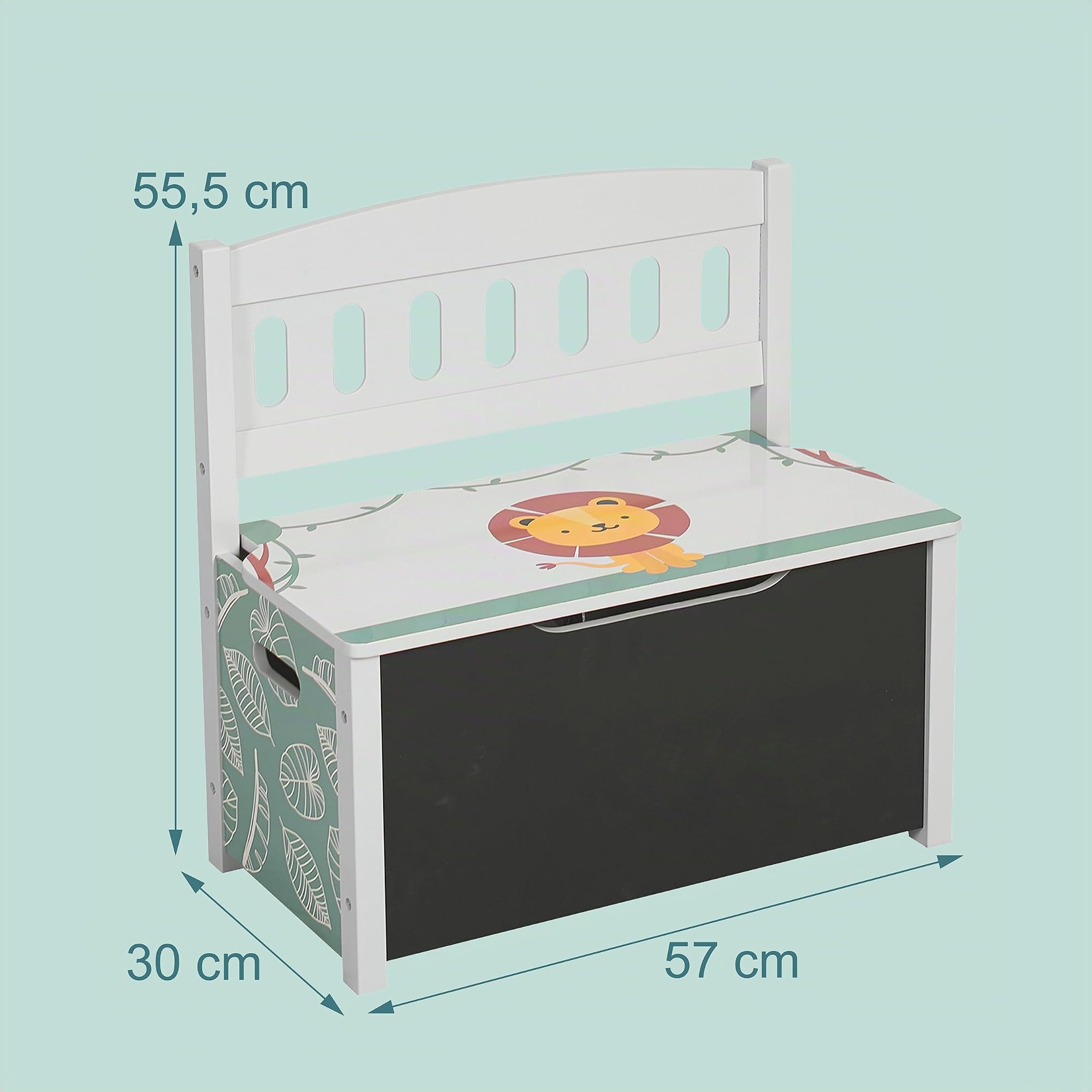 Relaxdays Banc-Coffre pour Enfants Rangement avec Tableau Motif Lion Multicolore H 55,5 x L 57 x P 30 cm