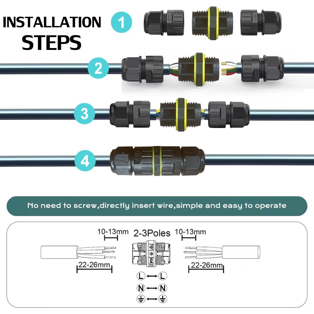 Conector de cable eléctrico IP68 impermeable de 2 vías y 2 pines, paquete de 5 unidades de 24 A, 400 V, rango de cable M20 (9-12 mm) utilizado para expansión de mantenimiento rápido al aire