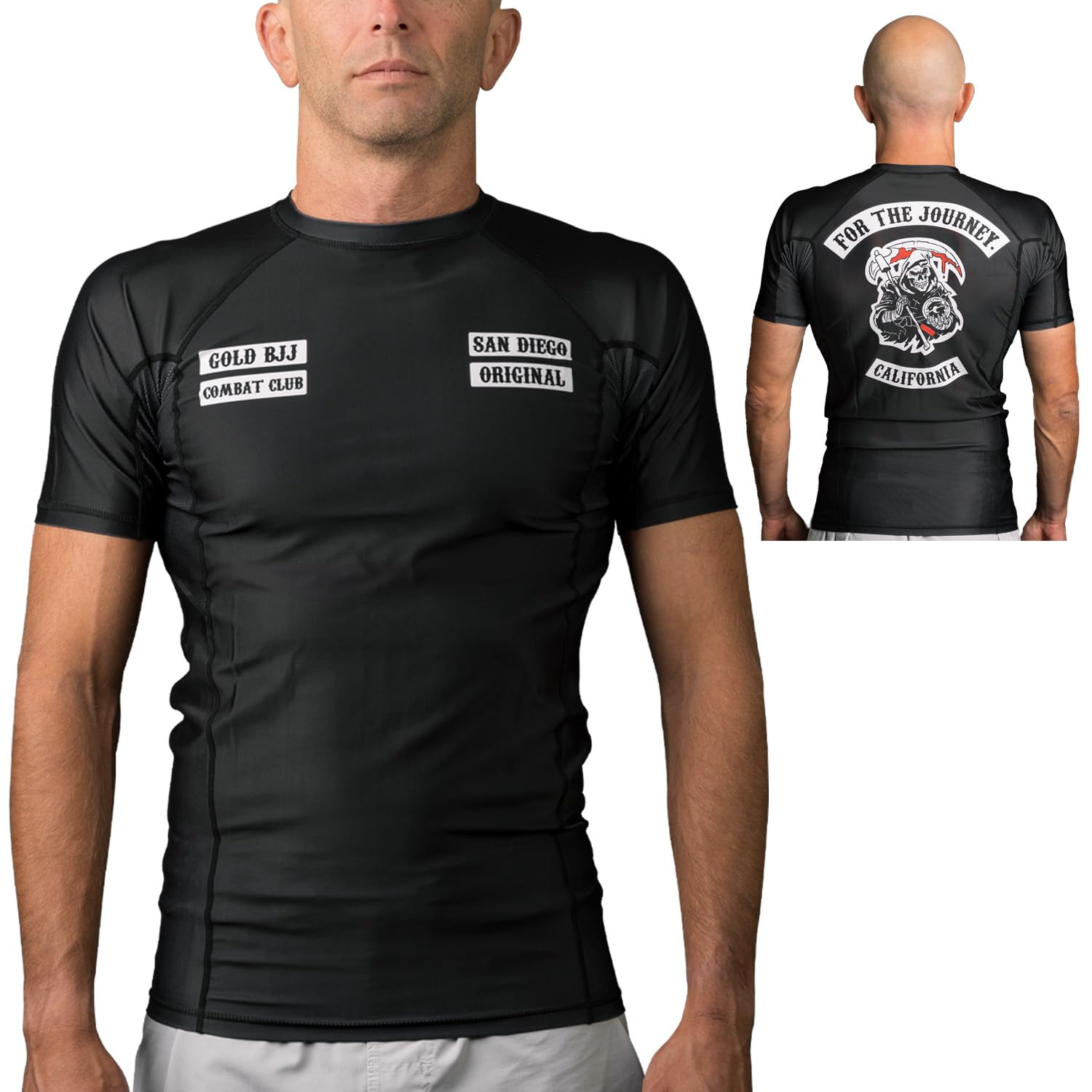 Gold BJJ Combat Club Rash Guard - Short Sleeve No-Gi and Gi Jiu Jitsu Rashguard for Men and Women, Black