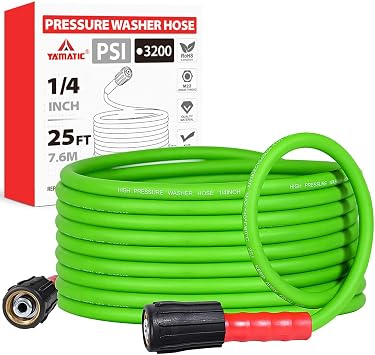 YAMATIC Flexible Pressure Washer Hose 25 FT 1/4, 3200 PSI M22-14mm, Green | Super Flexible And Kink-Resistant Replacement/Extension For Ryobi Troy-Bilt Greenworks Craftsman