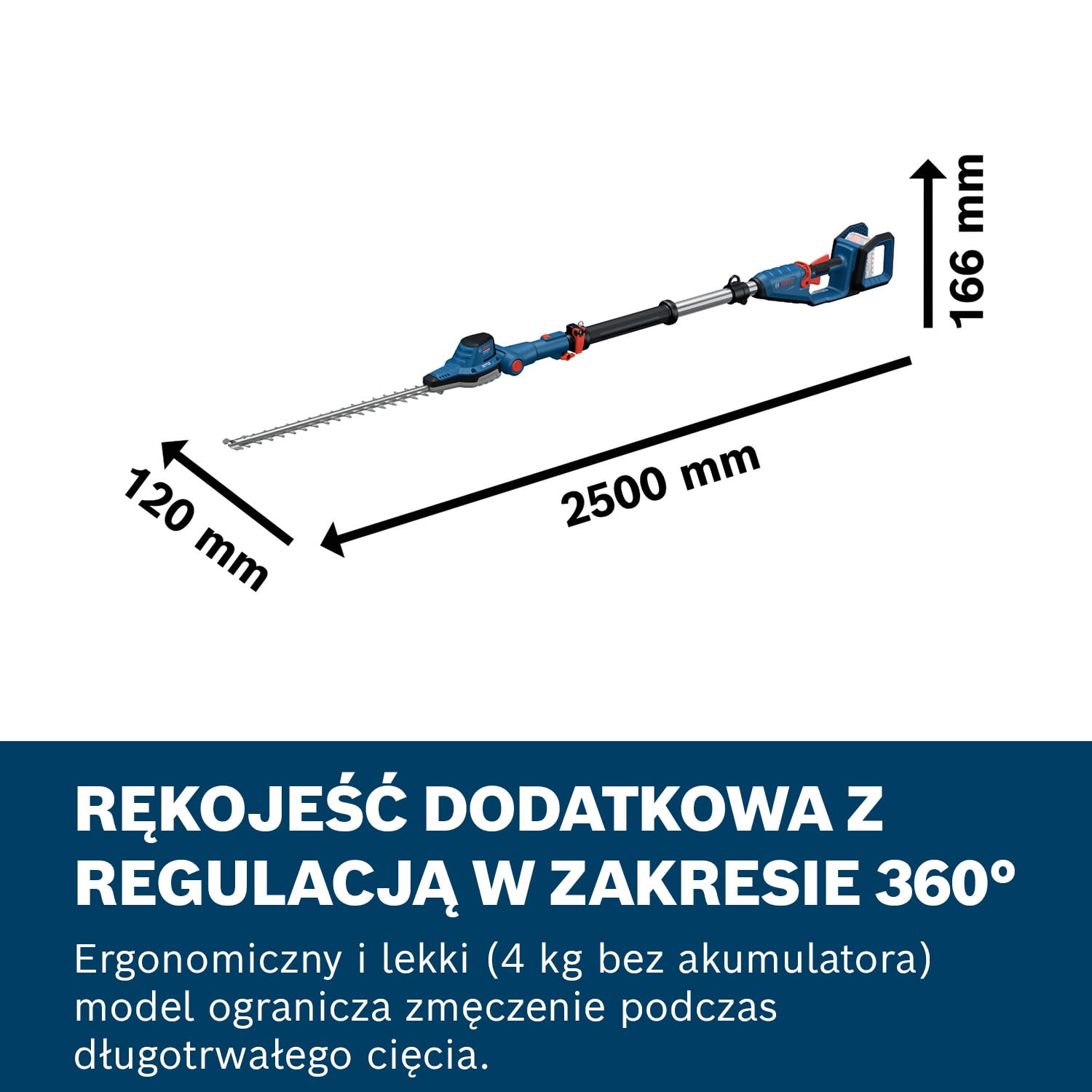 Bosch Professional 18V System Teleskopowe nożyce GHE 18V-50 TP (drążek teleskopowy 2,5 m, 3 400 skoków na minutę, odstęp pomiędzy nożami 23,5 mm, pas naramienny, bez akumulatora)