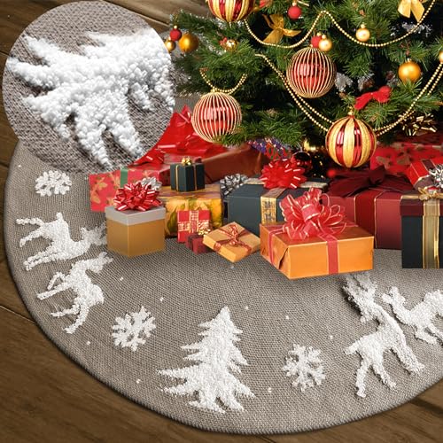 XVWJ Christmas Tree Skirt for Xmas Tree, White 36in Soft Christmas Tree Skirts with 3D Reindeer Snowflake Pattern for Home Hoilday Party, Beige Cable Knit Thick Rustic Christmas Tree Decorations Mat