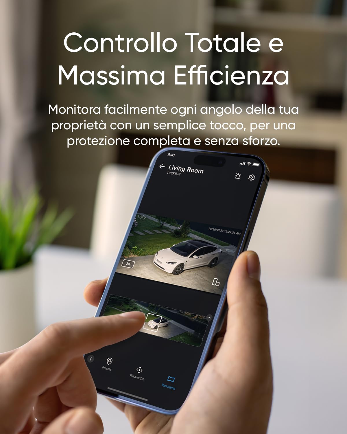 eufy Security Floodlight Cam E30, Telecamera Wi-Fi Esterno, 2K | Rotazione Panoramica e Inclinazione 360°, Rilevamento e Tracciamento con IA, 2000 Lumen, Registrazione 24/7, No canone.
