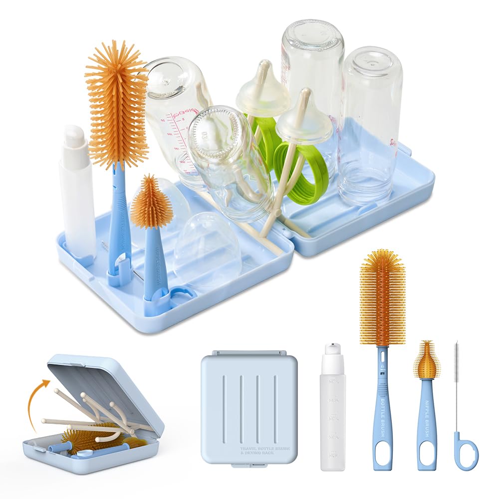 Travel Bottle Brush with Portable Bottle Drying Rack Baby Bottle Brush for Baby Travel Essential Blue