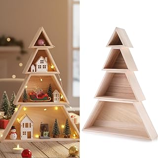 4 Tier Large Wooden Christmas Tree Display Shelf Total Height of 16 Inches Tree Shaped Ladder Shelves for Winter Christmas Decoration Centerpiece Home Living Room Bedroom Decor(Wood)