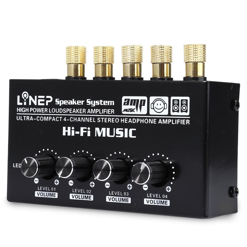 Generic UK Plug : LINEP A908 Ultra Compact 4 Channels Stereo Headphone Sound Amplifier for Car Home Support Microphone Loudspeaker Box Input