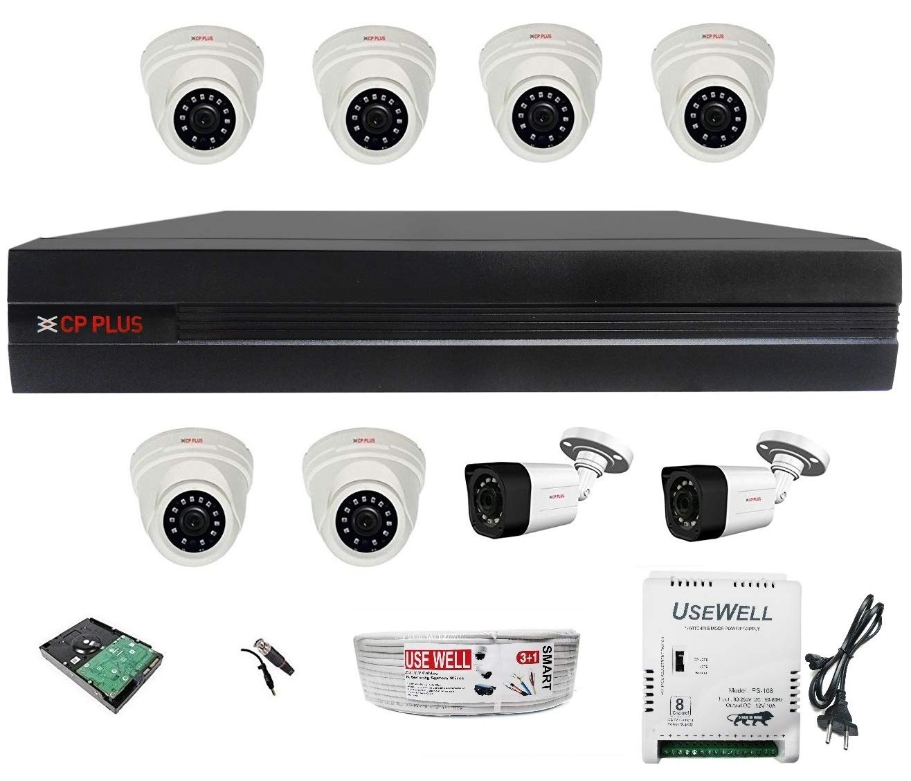 CP Plus 8 Channel HD DVR Kit with 6 - 1.3 MP Dome Cameras, 2 - 1.3 MP Bullet Camera, Power supply and all required accessories