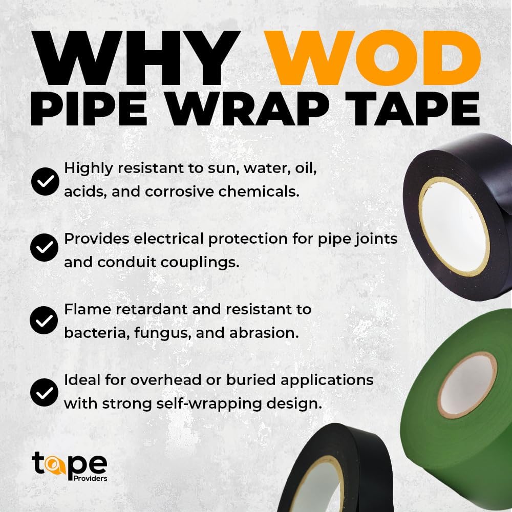 WOD SPPWTB10 Heavy Duty SPVC Black Pipe Wrap Tape 2 inch x 100 Feet (10-Mil) All Weather Corrosion Protection Easy-Wrap for Insulation and Protection of Electrical Wires Below or Above Ground