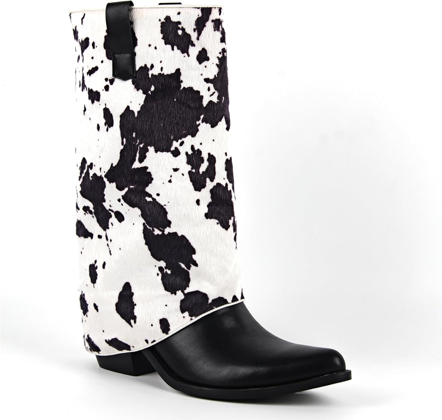 richealnini Sparkle Mid Calf Cow Print Western Boots for Women Pull On Stacked Classic Cowboy Boots