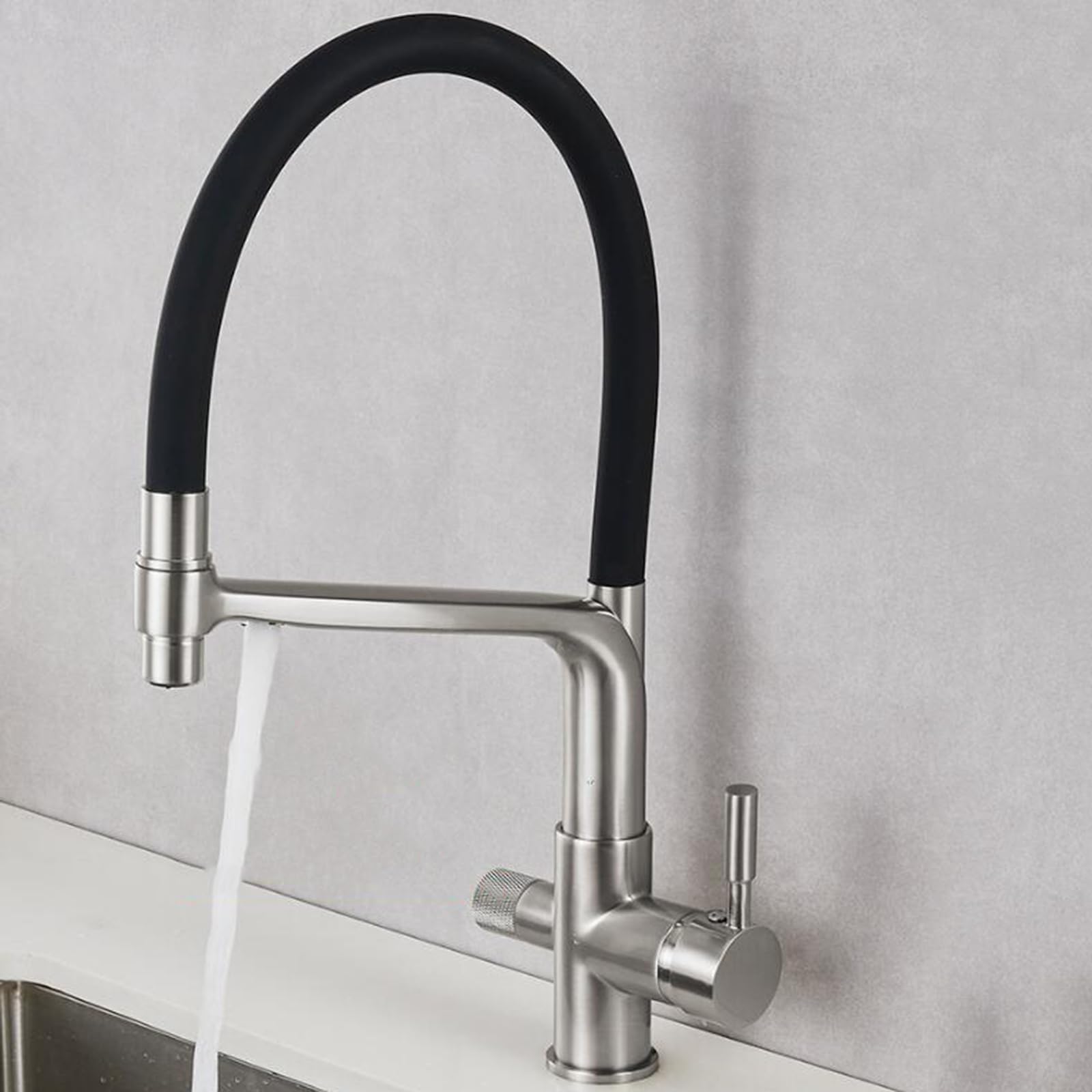 ZQFHSX Flexible Brass 3 Way Kitchen Tap - Rotating Mixer Faucet for Versatile Water Outlet, Brushed Finish