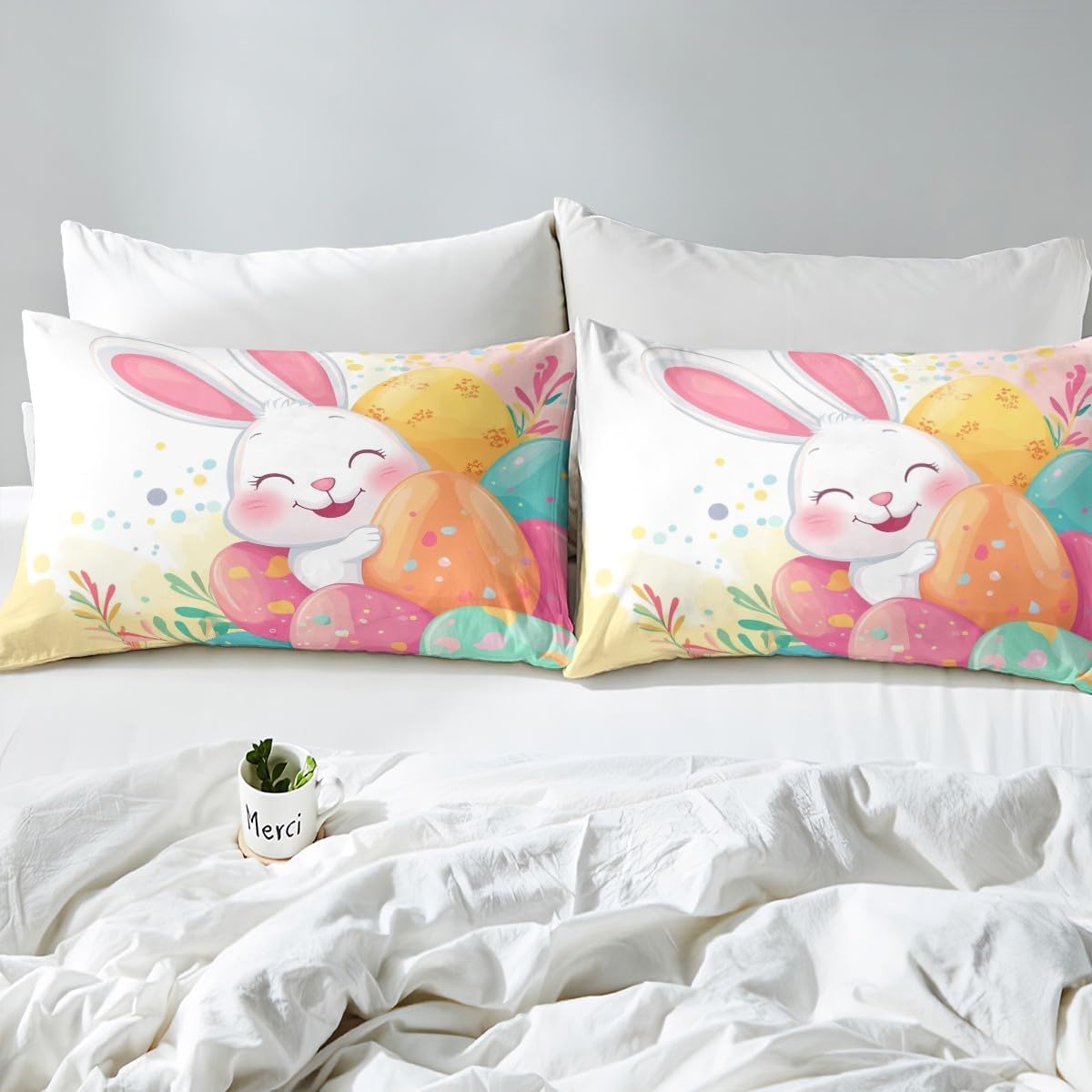 jejeloiu Cartoon Rabbit Bedding Set King Size Colorful Easter Eggs Comforter Cover Set for Kids Boys Girls Happy Easter Day Duvet Cover Cute Bunny Bedspread Cover Animal Quilt Cover