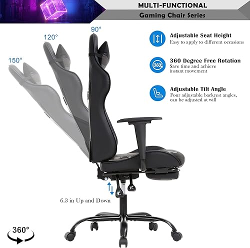 Miniatura 26 de Silla de juegos de estilo de carreras, silla de escritorio ergonómica con reposacabezas y soporte lumbar, respaldo alto, silla reclinable de