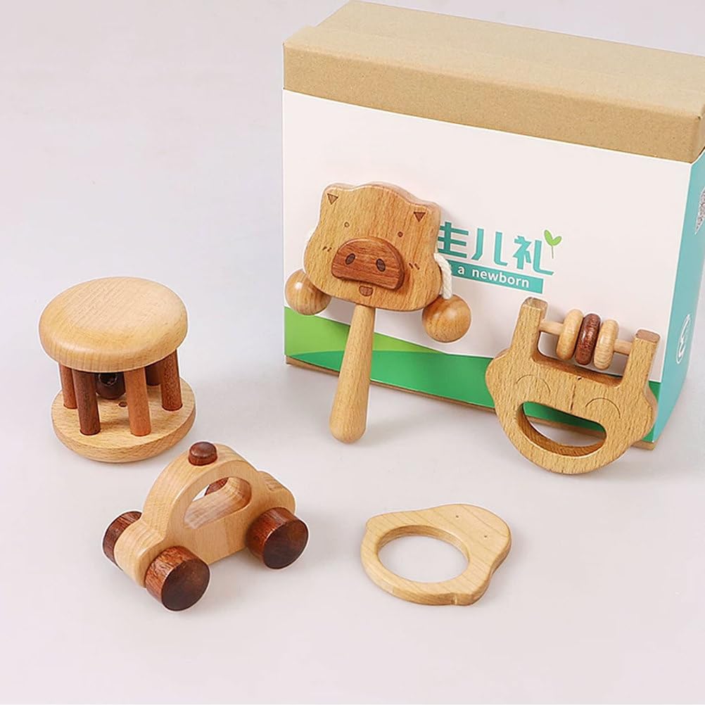 Montessori Holz-Babys-Spielzeugset, Greifspielzeug aus natürlichem Buchenholz, Beiß- und Sinnes-Spielzeug, frühpädagogisches Spielzeug (5 Stück)
