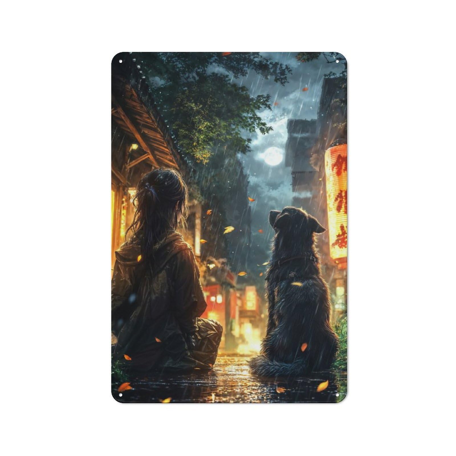 Junmoney Girls In Rainy Japan Street Rustic Tin Wall Plaque 30X20cm For Guest Room Or Hallway, For Garage, Workshop And Man Cave Decoration