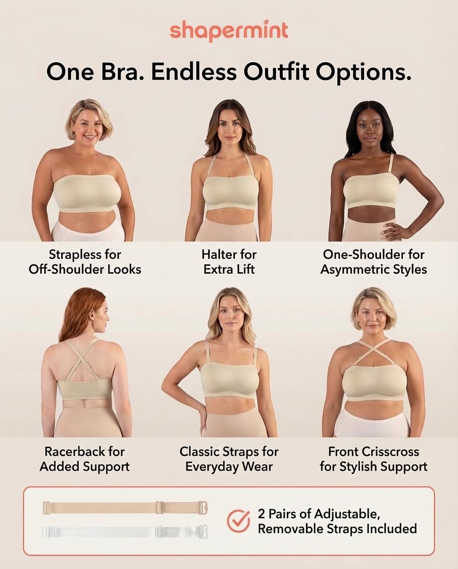 SHAPERMINT Sujetadores convertibles sin tirantes para mujer - Brasier bandeau, parte superior sin tirantes, parte superior bandeau, brasier inalámbrico, Beige, XXL