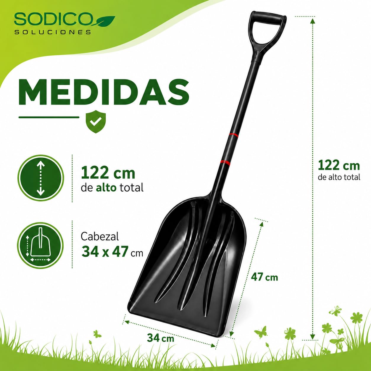 Pala de Plástico Grande para Jardín 120 cm - Cabezal 34 x 47 cm - Mango de Acero Forrado en PVC y Agarre en D, Pala Multiusos para Hojas, Tierra, Terraza y Nieve - Color Negro (Acero aleado)