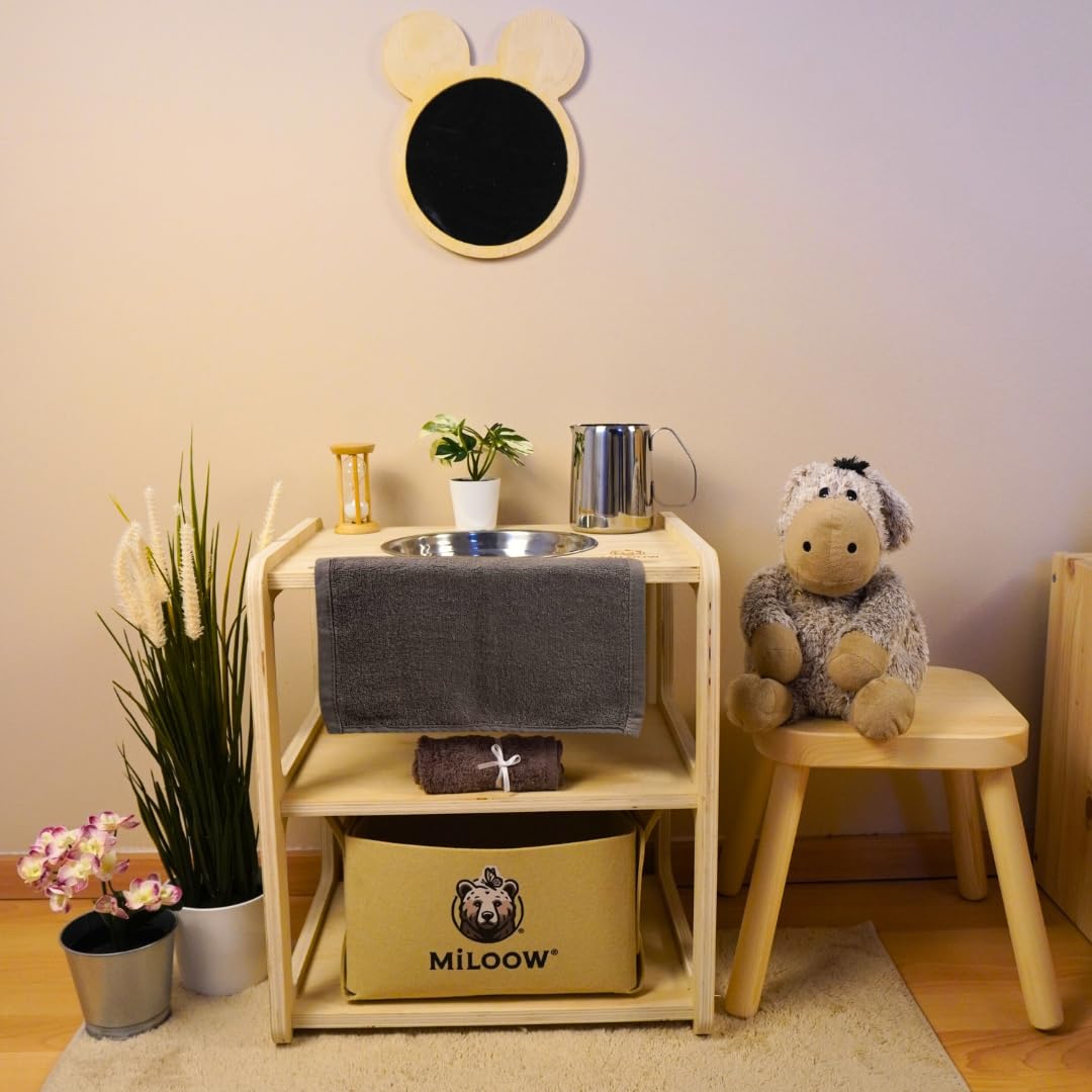Lavabo Montessori per Bambini in Legno (40x35x45 cm) con Specchio Orsetto, Clessidra, Asciugamano e Cestino – Autonomia, Igiene e Apprendimento per Cucina e Bagno