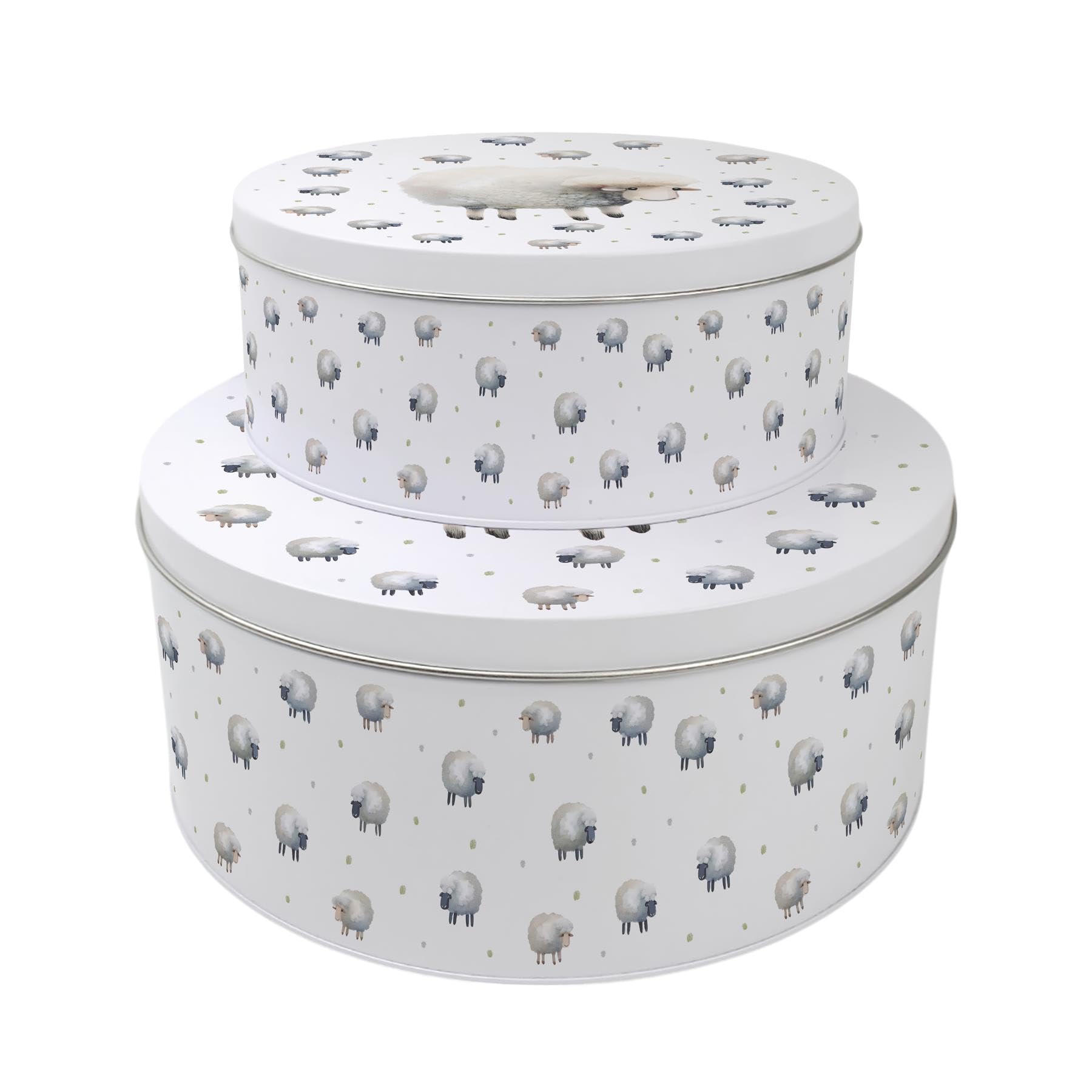 Purely Home Spring Sheep Set of 2 Cake Tins - Nesting Round Large & Medium Metal Storage Containers for Cakes and Baking - Homeware Gifts