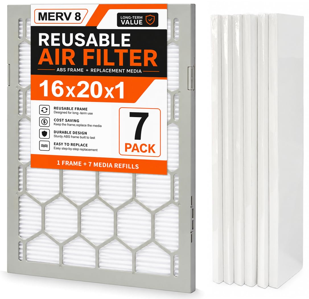 Filtro de aire reutilizable de 16 x 20 x 1 pulgadas con marco de plástico ABS y 7 medios de filtro reemplazables, tamaño real (15.75 x 19.75 x 0.75), filtro de aire acondicionado y horno (MERV