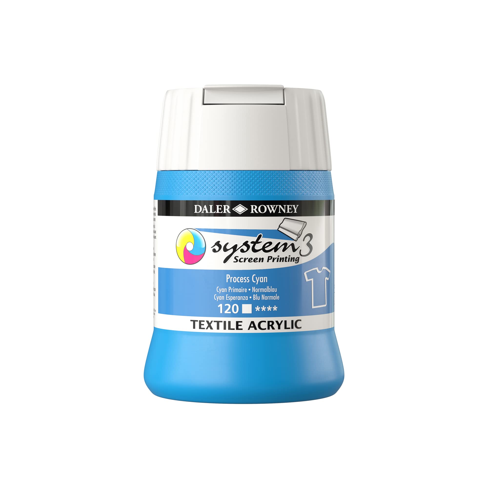 Daler-Rowney System3 Textile Acrylic Screen Printing Ink, Plastic Pot, 8.45oz - 250 ml, Process Cyan