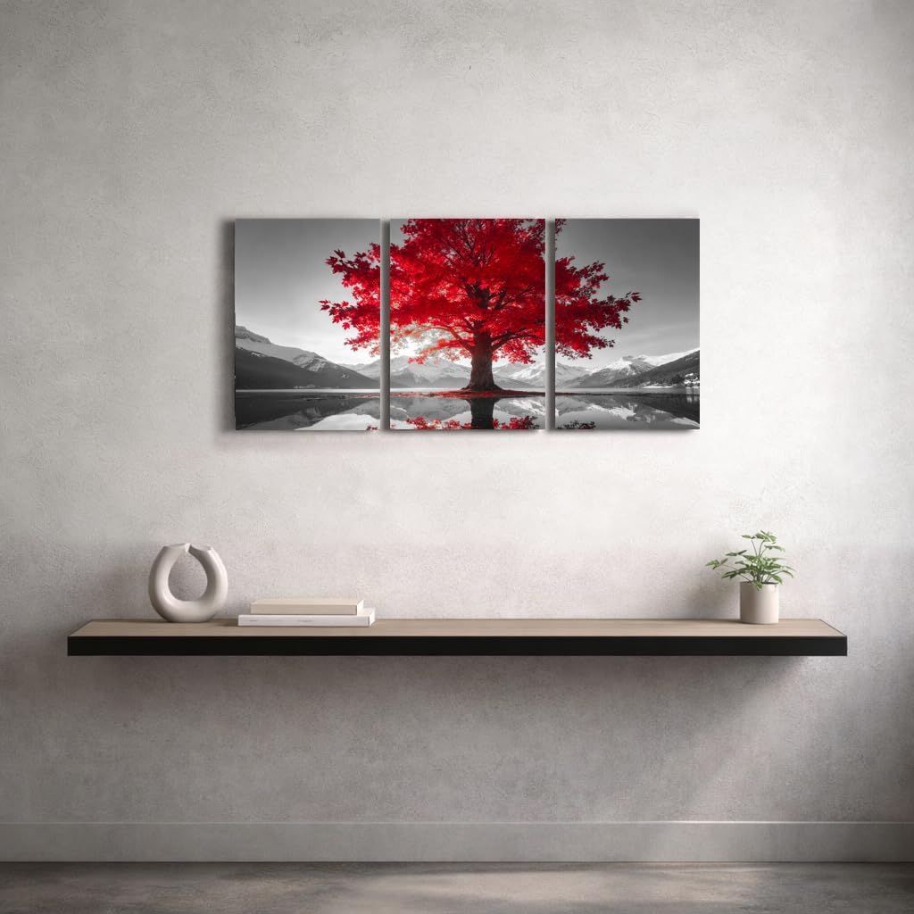 Red Tree Canvas Wall Art Set of 3, 12x16 Inch Framed Mountain Lake Landscape Wall Decor, Modern Nature Artwork for Living Room Bedroom Office, Ready to Hang