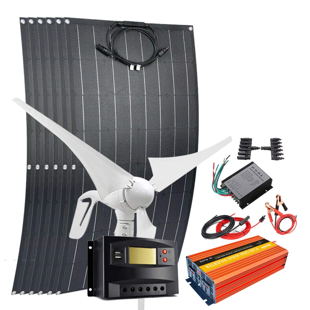 Kit pannello solare 100 W generatore eolico per ricarica batteria 12 V 24 V – include 6 pannelli solari flessibili e generatore eolico da 400 W
