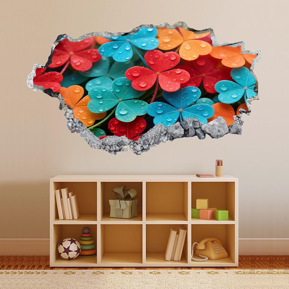 3D Durchbruch Wandtattoo Mädchen Kinderzimmer Vierblättriges Kleeblatt Wandaufkleber Dekorative Farbenfrohe Pflanzen Wandsticker für Junge Teenager Zimmer Wohnzimmer Schlafzimmer Wandbilder Deko