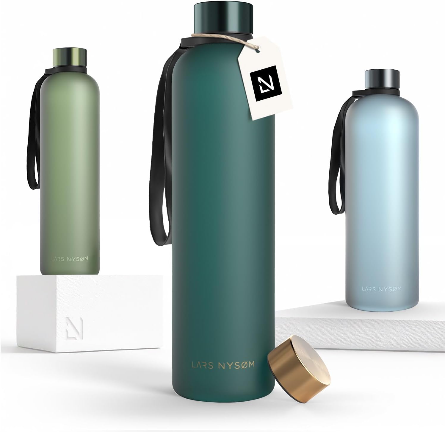 LARS NYSØM Water Bottle 34oz | Drinking Bottle 1 Liter | Ultralight Tritan Sports Flask leak-proof | Ideal for sports, office, yoga | 2 lids included (Calypso Blue, 33.9oz)