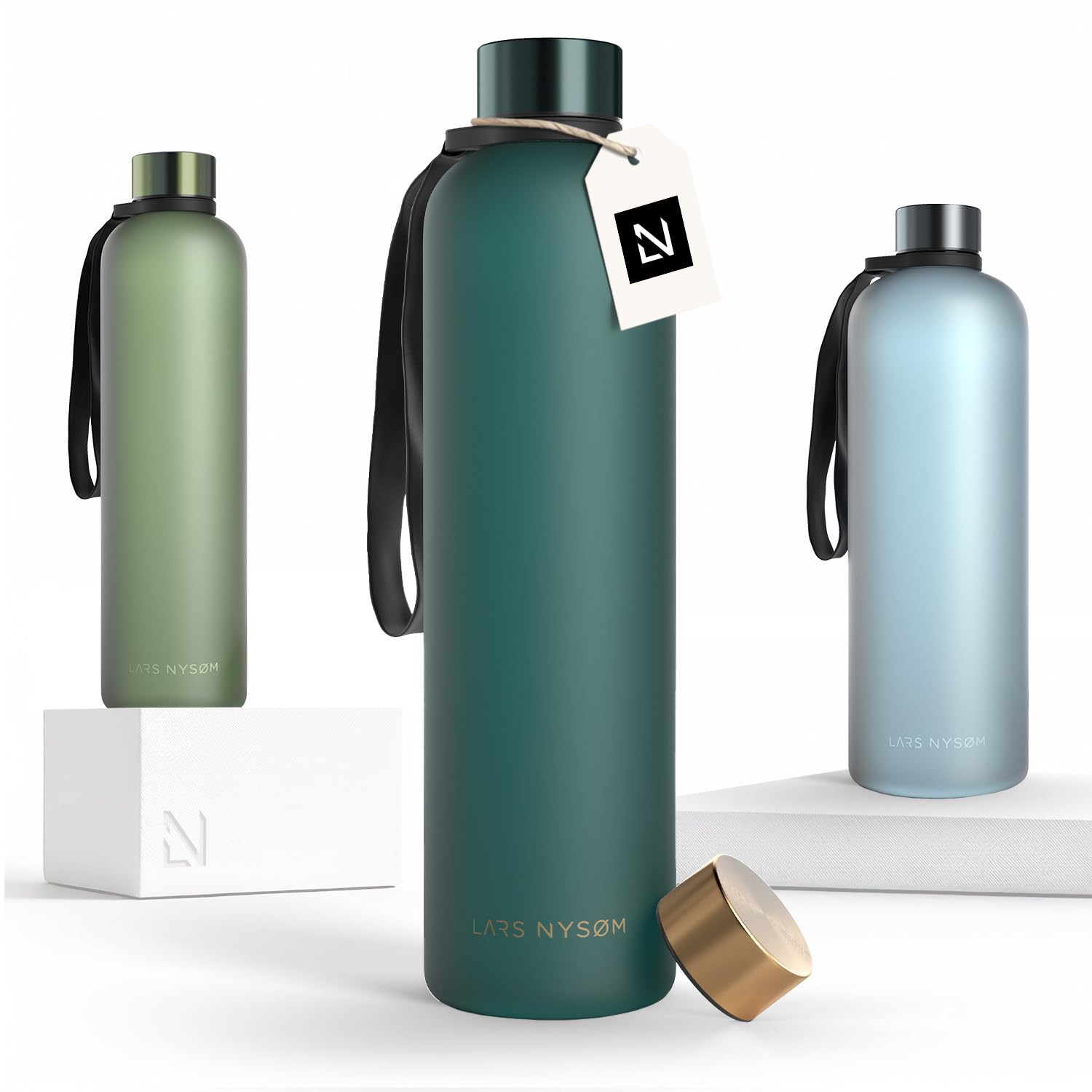 LARS NYSØM Water Bottle 34oz | Drinking Bottle 1 Liter | Ultralight Tritan Sports Flask leak-proof | Ideal for sports, office, yoga | 2 lids included (Green - Gold, 1000ml) — image 1