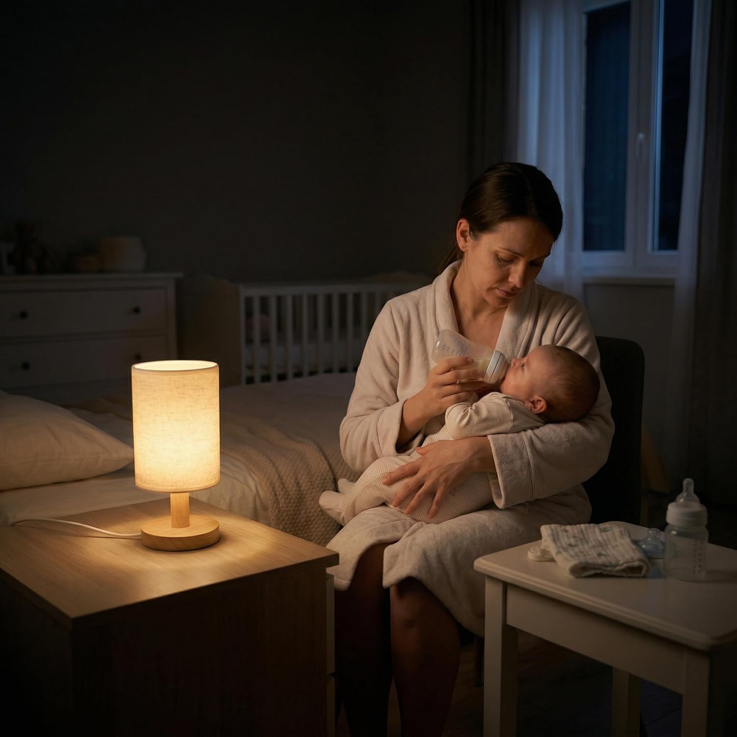Piccola lampada da comodino con alimentazione USB, base in legno rustico minimalista e paralume in lino, luce notturna calda 2700 K, lampada da comodino bohémien, per camera da letto