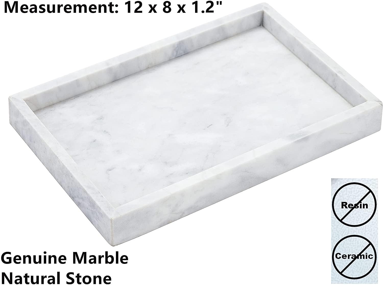 12"x8" Real Natural Marble Vanity Tray, Genuine Marble Storage Tray for Cosmetics/Jewelry, Non-Resin/Non-Ceramic, Dresser Organizer Tray, Bathroom Tray, Home Decor, Kitchen, Coffee Table, 12 x 8 inch 1