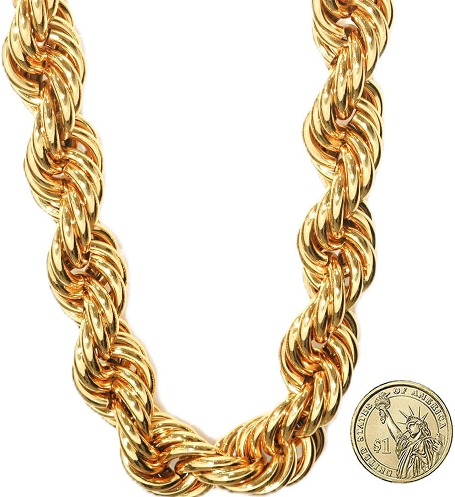 16mm Rope Chain 24K Gold Plated Rapper Chains Chunky Gold Rope Necklace Hip Hop Chains with 24k Gold Plating for Rap Gangsta Daily Life 30 Inches
