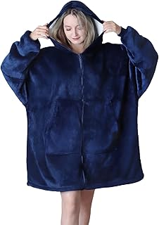 Queenshin Open Front Zip Up Oversized Hoodie Wearable Blanket for Men Women, Adults Comfy Sherpa Lined Hooded Sweatshirt with Zipper, One Size, Navy Blue
