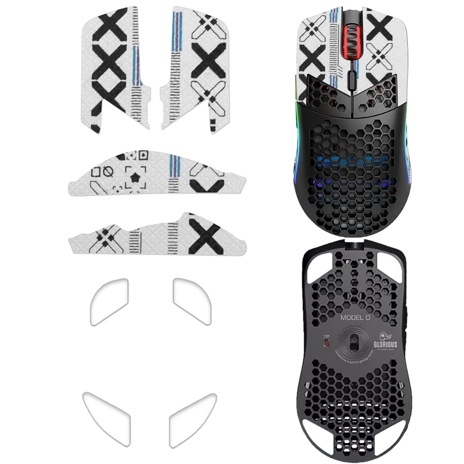 NOUKAJU Mouse Grip Tape Full Coverage for Glorious Model O, Rounded Curved Edges Mouse Feet Skates,Self-Adhesive PreCut Sweat-Resistant Professional Mice Upgrade Kit(Foot pad + White Mouse Grip Tape)