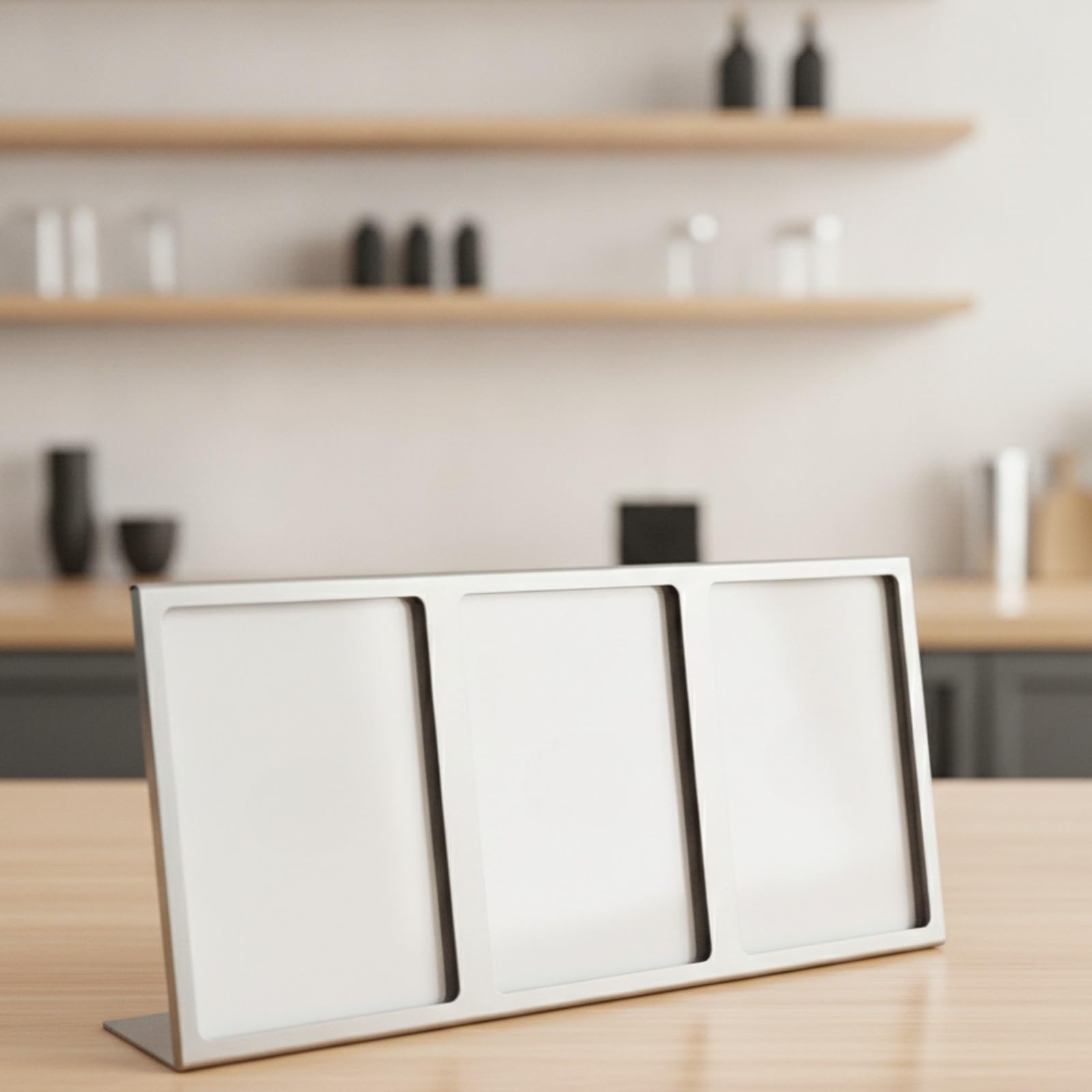 Exhibidor Escritorio con Soporte para Menu Acero Inoxidable con Inclinado Metal para Tarjetas Publicitarias Acuado para Mostrador Recepcion y Restaurante, 3 Ranuras