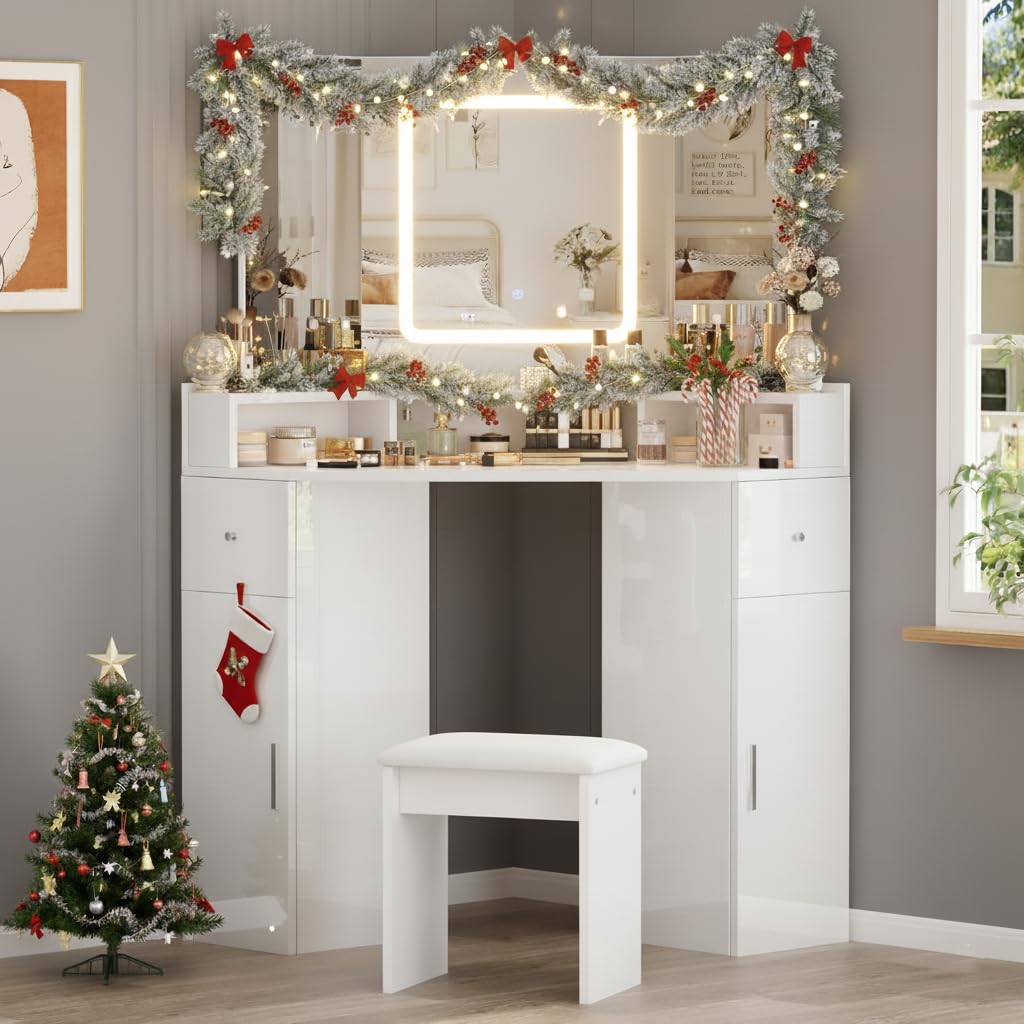 LSBIKE Corner Dressing Table with LED lights,Vanity Table with 2 Drawers and Stool, Makeup Desk with 3-Panel Mirror and Storage, Adjustable 3Colors and Brightness Vanities Desk for Bedroom (White)