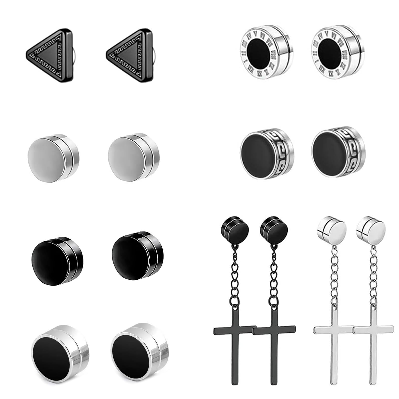 8 paar zilverzwart magnetische oorstekers cirkel/driehoek/kruis set voor mannen en jongens, Roestvrijstaal, Geen edelstenen