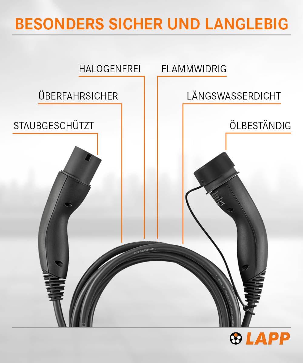 Lapp Mobility Typ 2 Ladekabel 22 KW 7m - 32a Ladekabel E Auto 3-Phasig - IP55 geschütztes Ladekabel Mode 3 - Ladekabel Typ 2 mit korrosionsresistenten Steckkontakten - geeignet für PHEV, BEV & EV