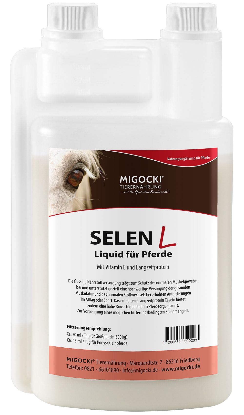 Selen-E Liquid – Mit Vitamin E – Ergänzungsfuttermittel für Pferde - Wichtig bei einem Selenmangel und für einen gesunden Muskelstoffwechsel – Dosierflasche 1000 ml