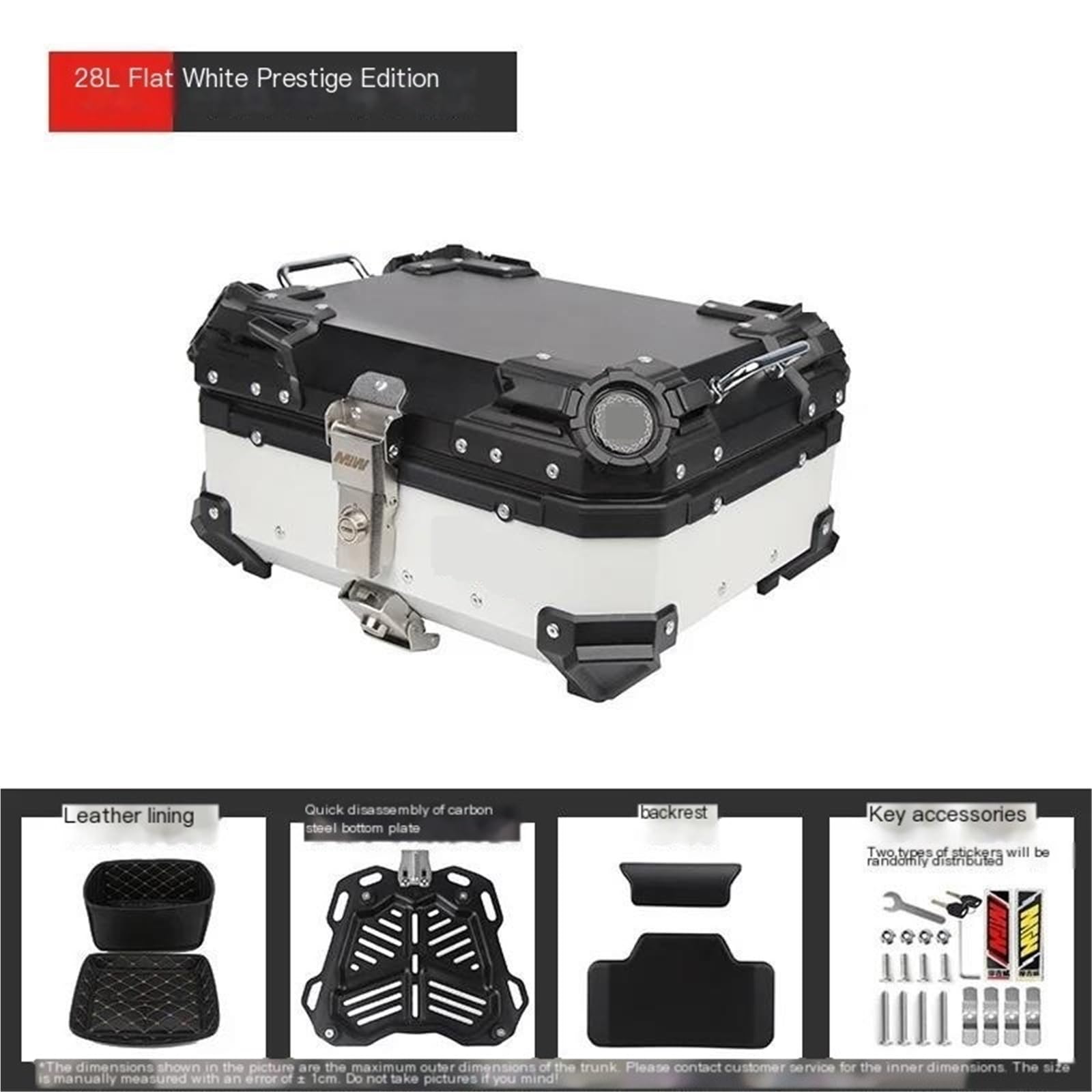 Bauletto Moto Top Box per Moto Baule posteriore per moto da 28 litri, in lega di alluminio, con porta attrezzi, con piastra di base e staffa.(White)