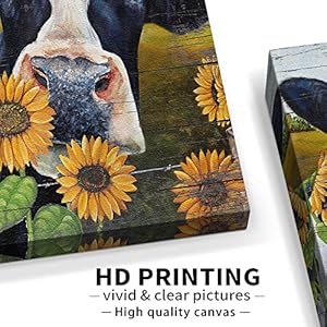 Cow wall art farmhouse cow pictures wall decor country sunflower and cow painting canvas print decor rustic wall decor for kitchen bathroom dining room framed artwork farm cow wall decor 16×16  urban country home decor
