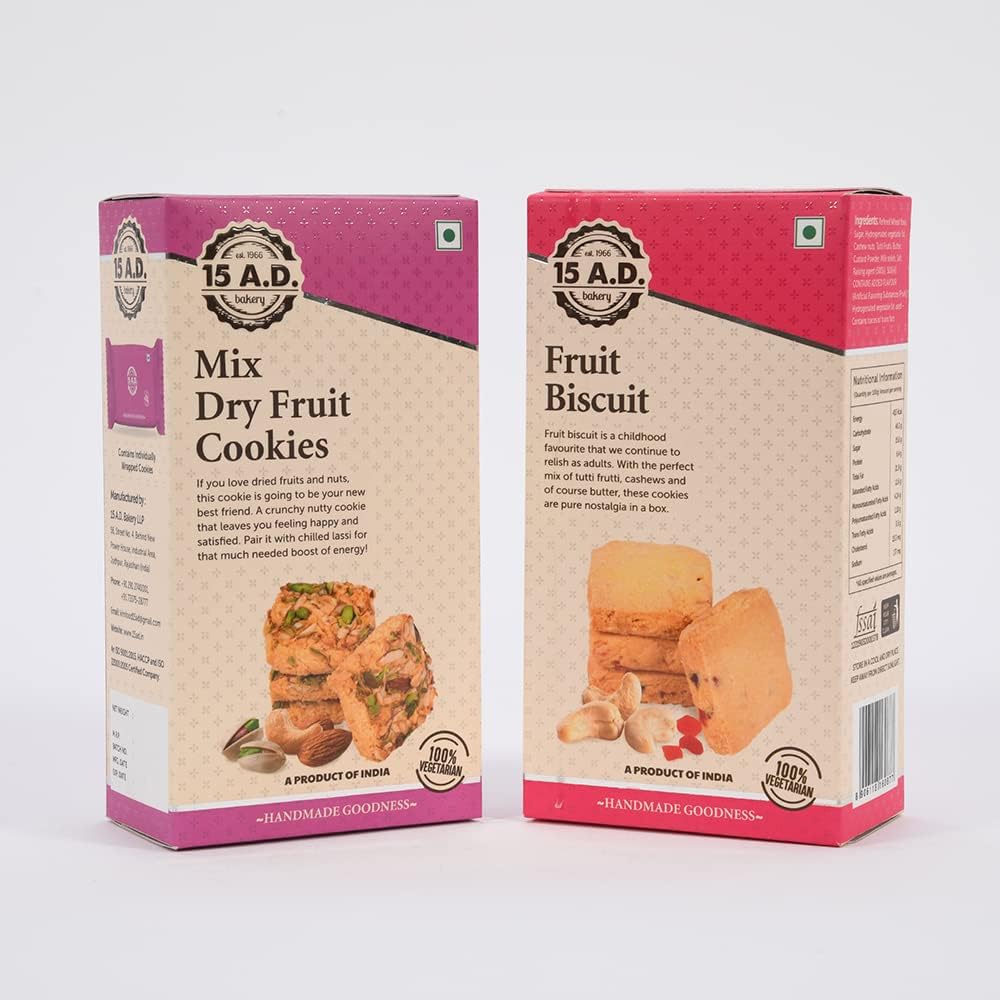 15 A.D. Bakery LLP Mix Dry Fruit and Fruit Biscuit Combo of 2 (200g Each) Handmade Traditional Pure Vegetarian Cookies | Symphony of Exquisite Flavours (400g)