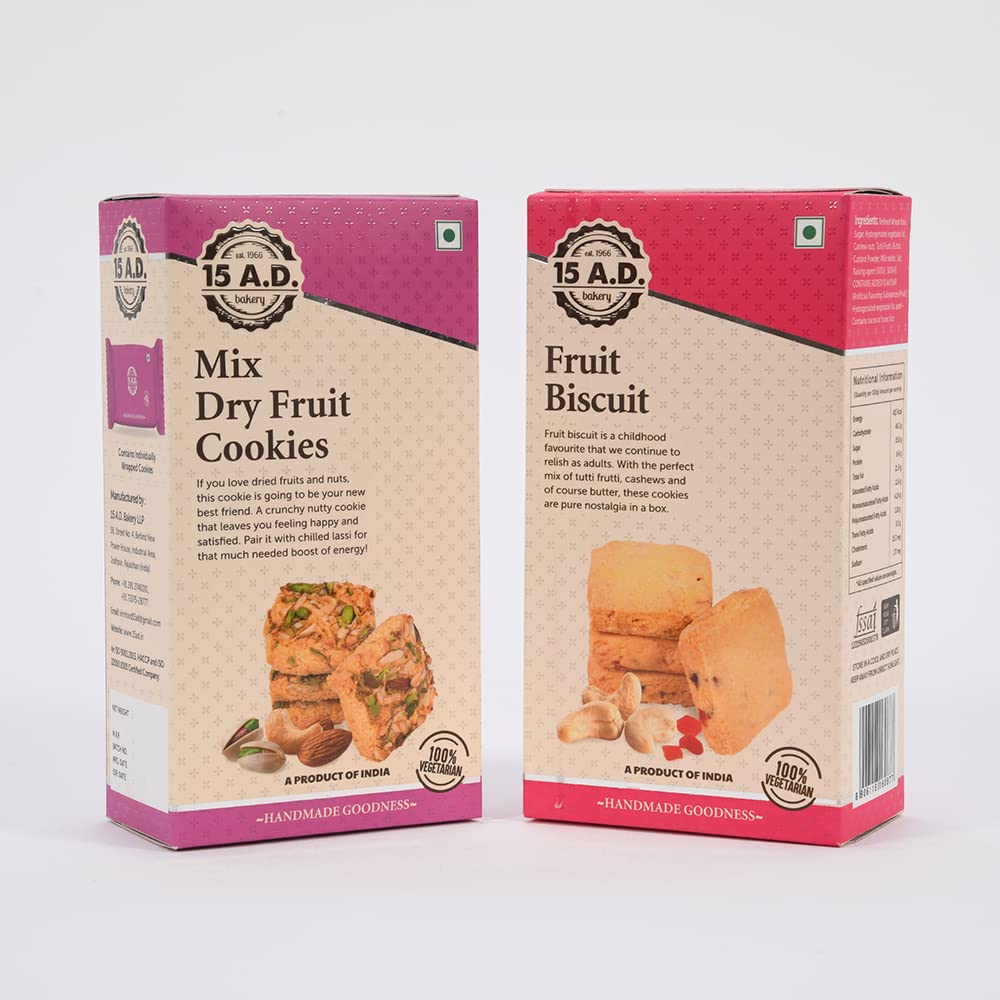 15 A.D. Bakery LLP Mix Dry Fruit and Fruit Cookies Combo of 2 (200g Each) Handmade Traditional Pure Vegetarian Cookies | Symphony of Exquisite Flavours (400g)