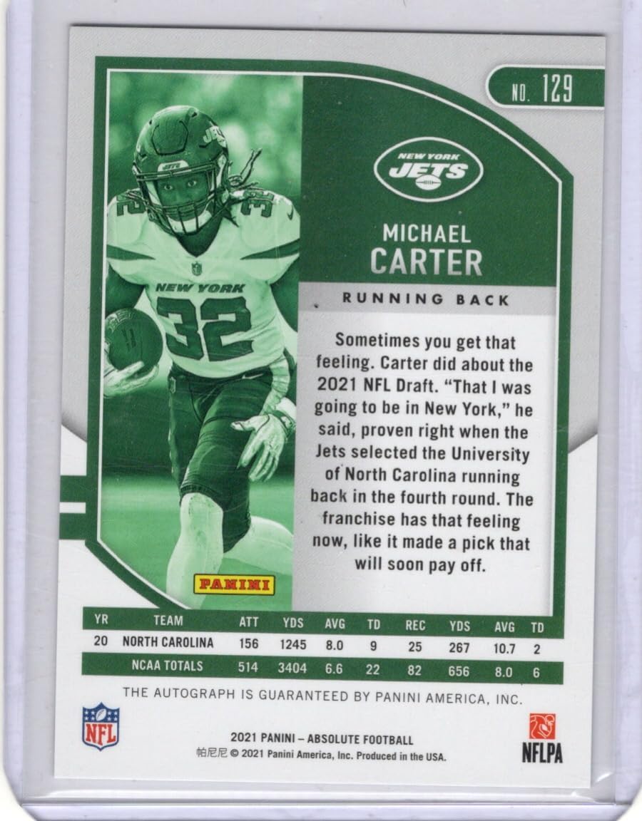 Michael Carter Autographed Rookie Card Collectible Football Card - 2021 Panini Absolute Football Card #129 (Jets)