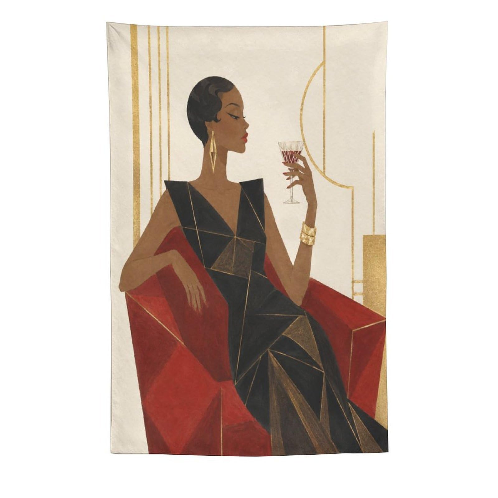 W7C8U2X3 Elegant Woman with Wine Wall Tapestry, Geometric Art, Office