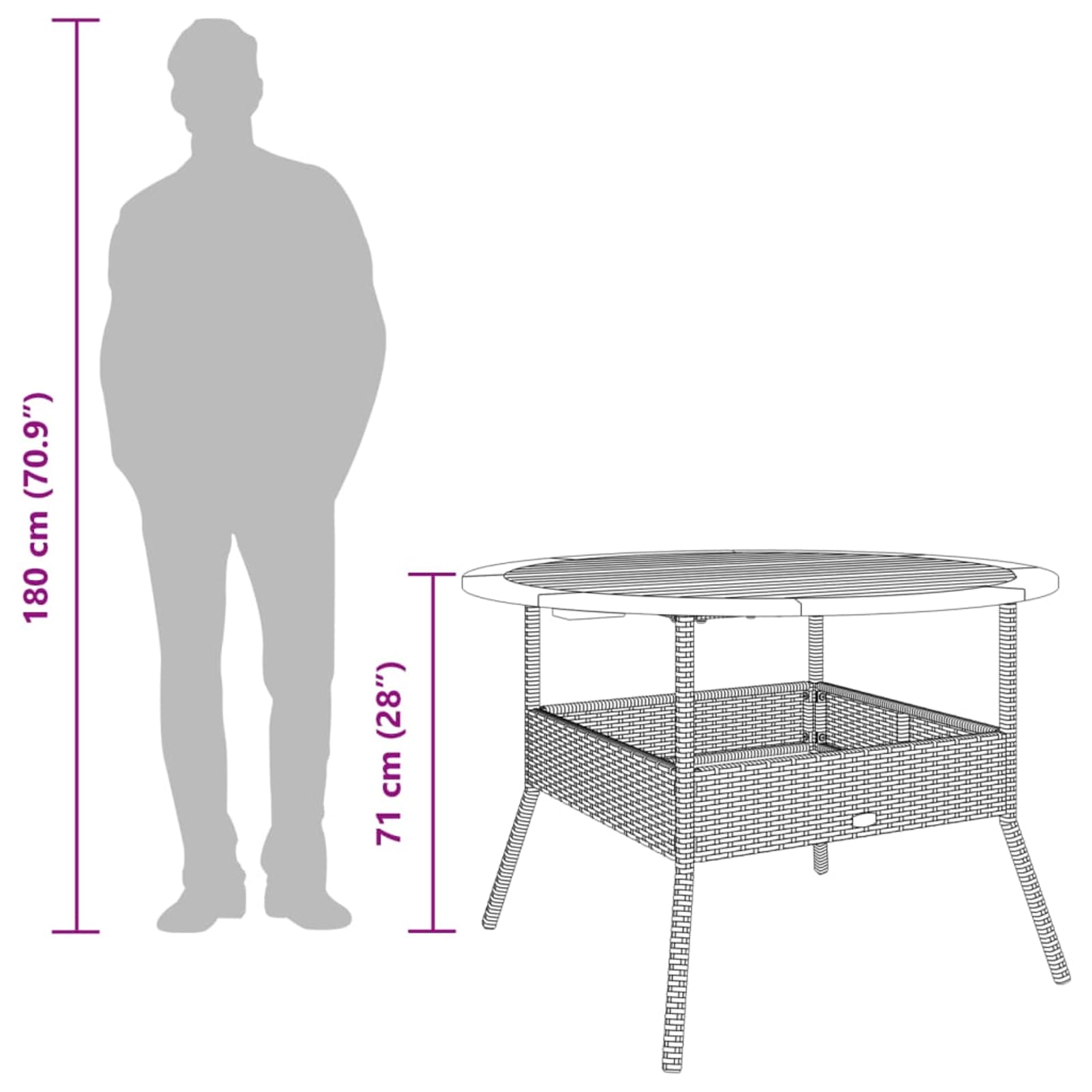Stół ogrodowy, okrągły, Ø 110 cm, akacja i rattan | Odporny na warunki atmosferyczne rattan PE, stabilna rama stalowa, łatwa w pielęgnacji płyta drewniana, idealna na taras