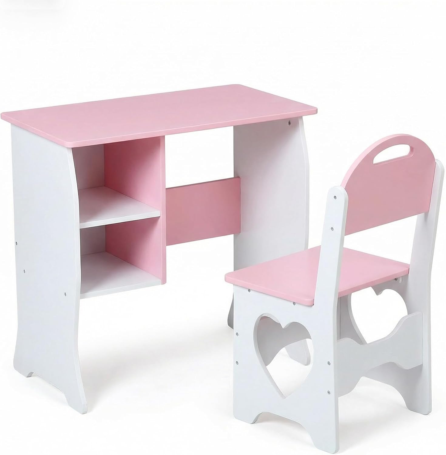 Brrnoo Kids Table and Chair Set, Wooden Study Desk with Built in Shelf and Heart Shaped Cutouts, White and Pink Cat Design, for Home Classroom Playroom (Pink and White)