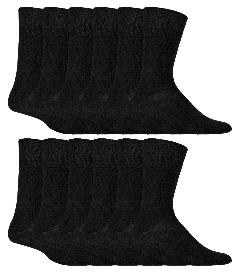 Iomi Men's Black 12 Pair Multipack Gentle Grip Top Diabetic Socks Mid Calf Loose Top Non Elastic Cotton Socks With Handlinked Seamless Toe (6-11, )