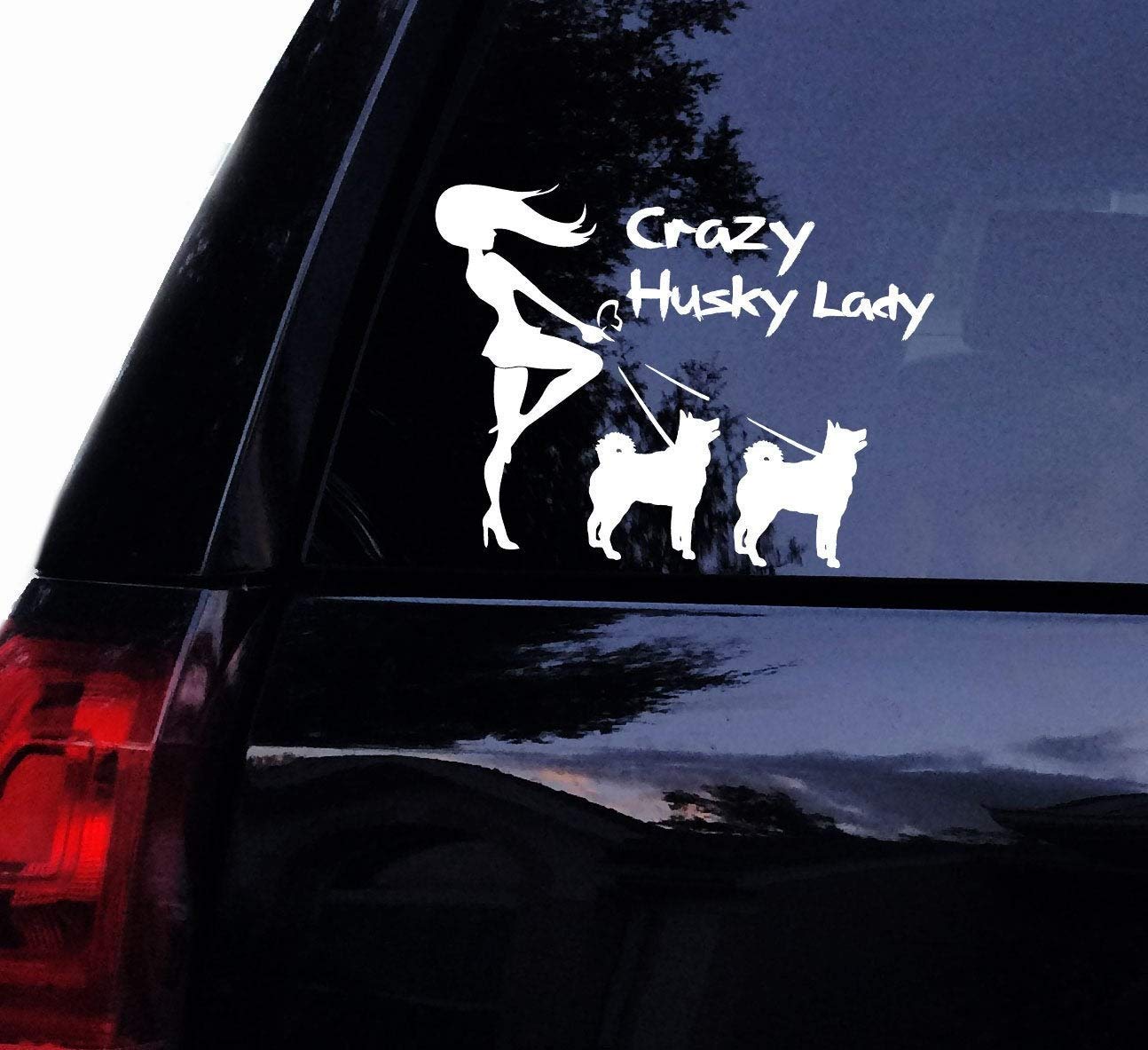 Dozili Crazy Husky Lady Dog Decal Cute Huskies Two Dogs Huskie Mom Vinyl Car Decal Laptop Decal Window Wall Sticker 8"